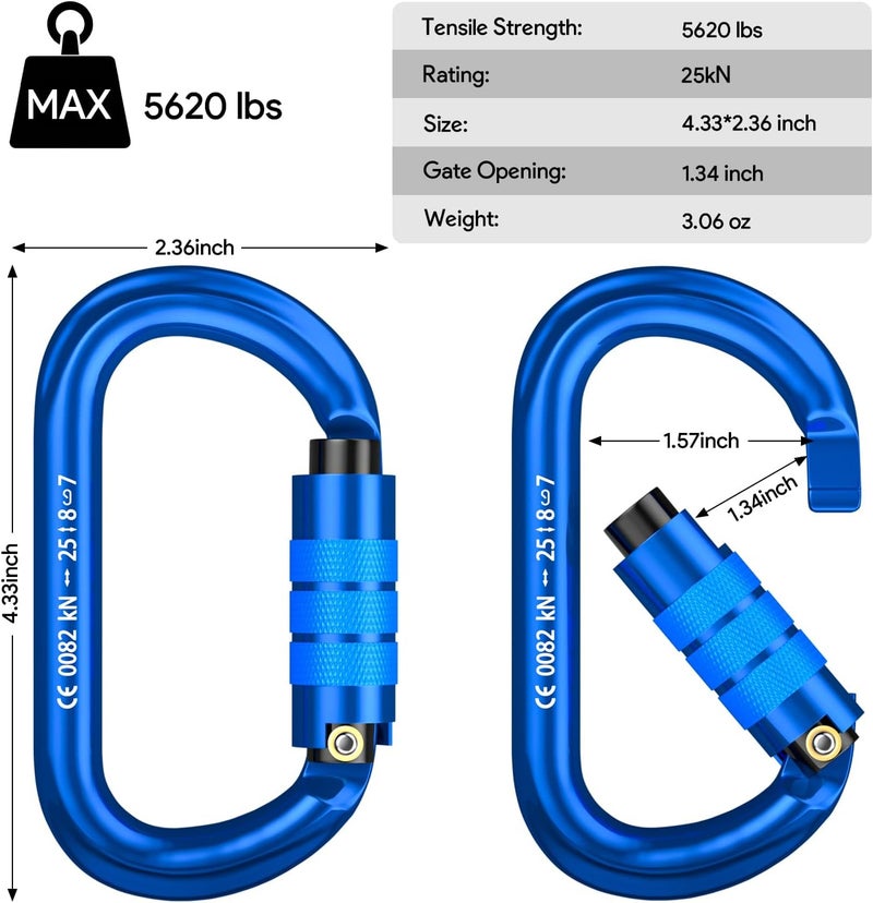 FVW CE Certified Auto Locking Climbing Carabiners, Professional 25KN (5620 lbs) Heavy Duty Caribeaners for Rappelling Swing Rescue & Gym etc, Large D-Shaped Carabiners - Image 3